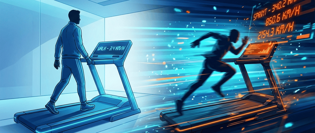 Persona corriendo en cinta de correr futurista que acelera: metáfora de la brecha tecnológica con la IA.