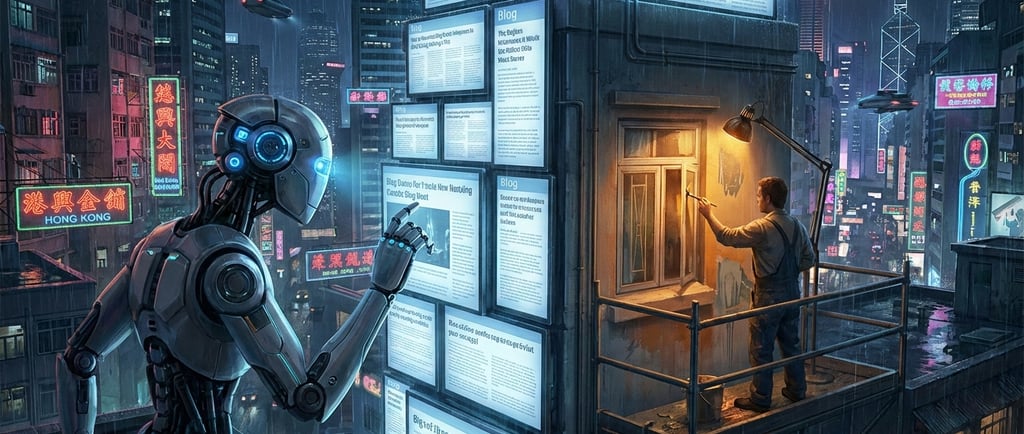 Robot escáner de IA rastreando un blog con trampantojo digital en fachada, Hong Kong al fondo.