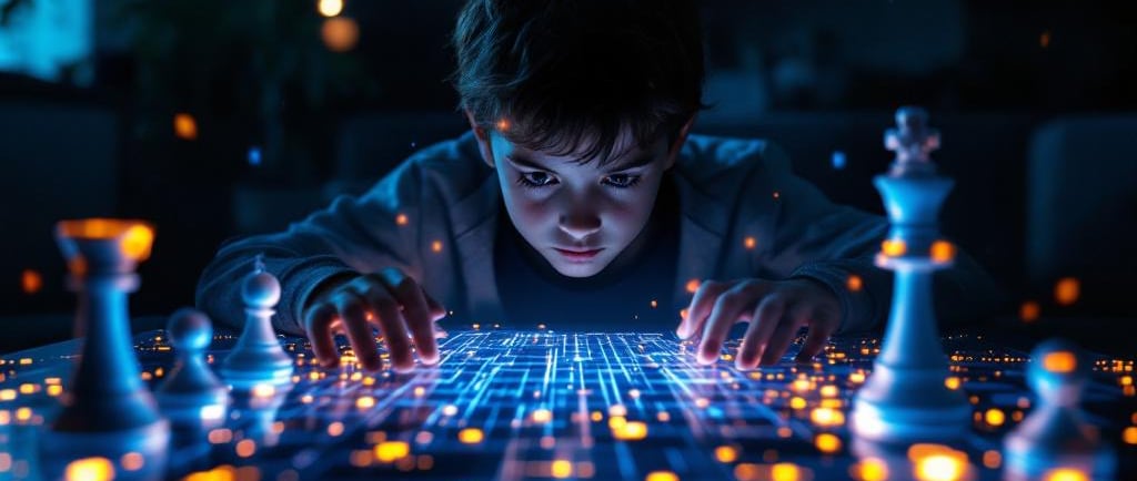 Niño observando ajedrez con red neuronal emergiendo en el reflejo: metáfora de capacidades emergentes en IA.
