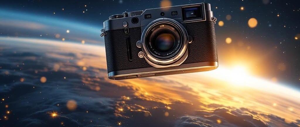 Cámara profesional flotando en el espacio con la Tierra al fondo, simbolizando la fotografía imposible con IA.