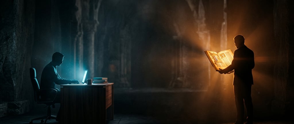 Figura humana y símbolo papal ante la IA, contraste de luz cálida y fría, escena dramática cinematográfica.