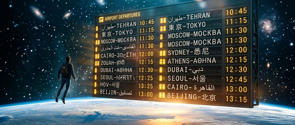Panel de salidas de aeropuerto flotando en el espacio con destinos en múltiples idiomas y silueta humana.