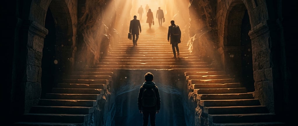 Joven de espaldas ante escalera monumental con el primer peldaño roto, metáfora del empleo junior y la IA.