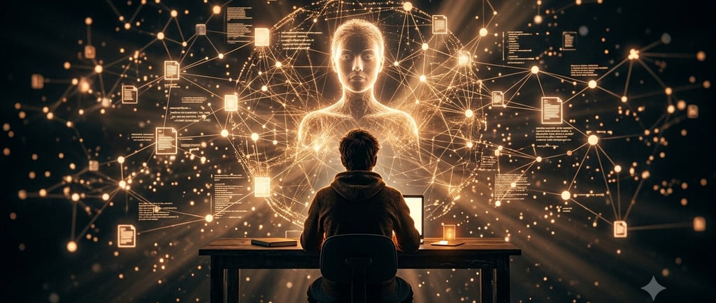 Persona frente a red luminosa de textos: una IA lee una obra completa y devuelve el retrato de su autor.