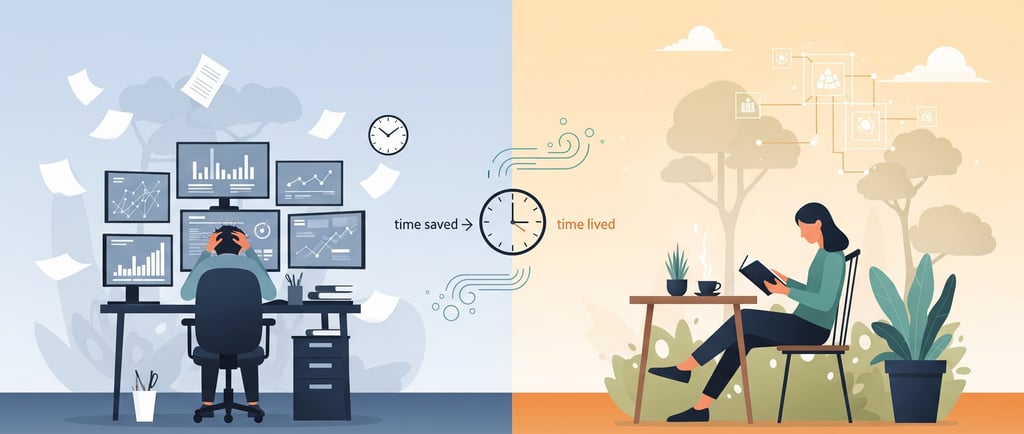 Ilustración de Gemini mostrando transformación de estrés laboral a vida equilibrada gracias a IA en estilo minimalista.