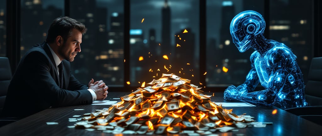 Un inversor humano negocia con una IA frente a una pila de dinero ardiendo en una oficina.