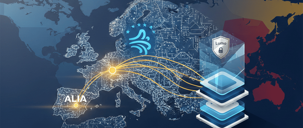 Mapa Europa como red neuronal con nodos IA: ALIA España, Mistral Francia, destacando soberanía tecnológica
