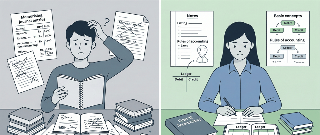 Comparison showing common mistakes in Class 11 accounts and correct concept-based learning approach