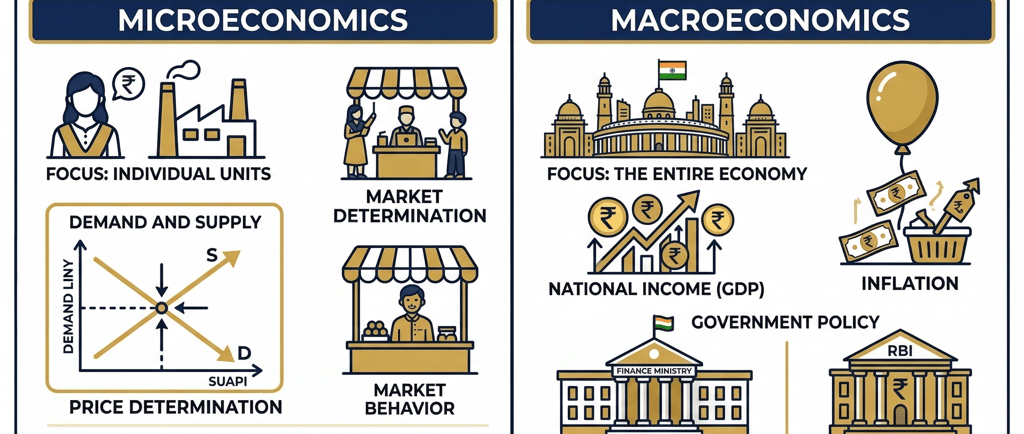 Infographic explaining microeconomics and macroeconomics topics for Class 12 Economics preparation