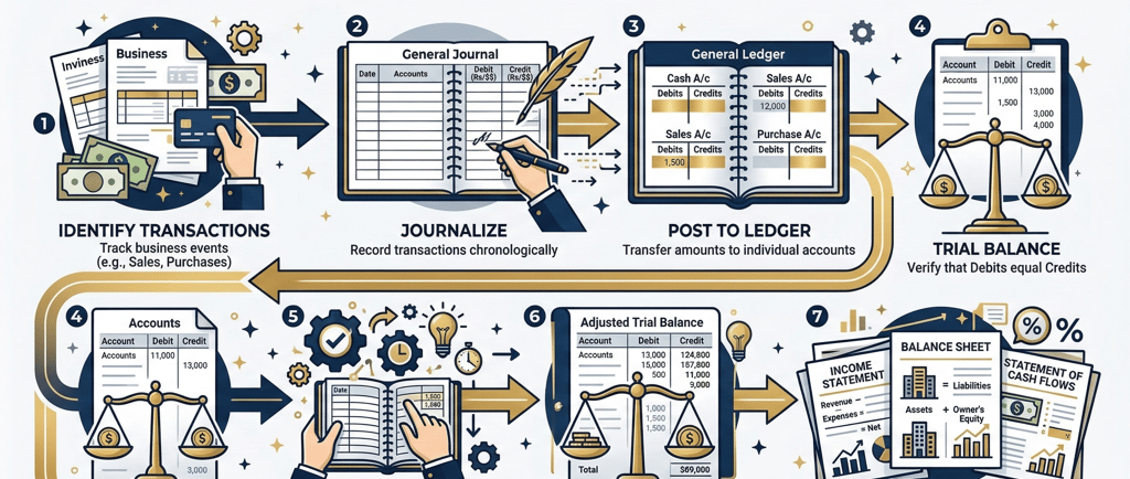 Accounting process infographic showing journal ledger and financial statements for Class 12 commerce