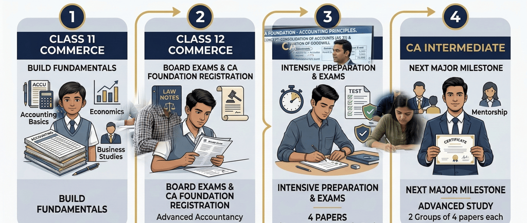 CA Foundation preparation roadmap infographic for commerce students searching coaching near Modipura