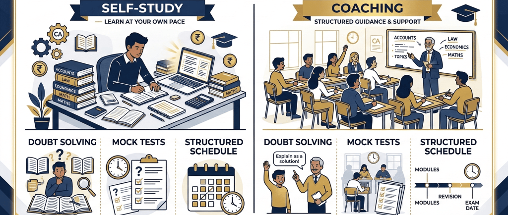 Comparison infographic showing self study and coaching approach for CA Foundation preparation