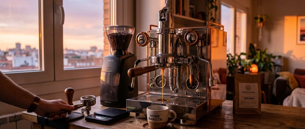 Cafetera espresso manual en casa con luz de atardecer.
