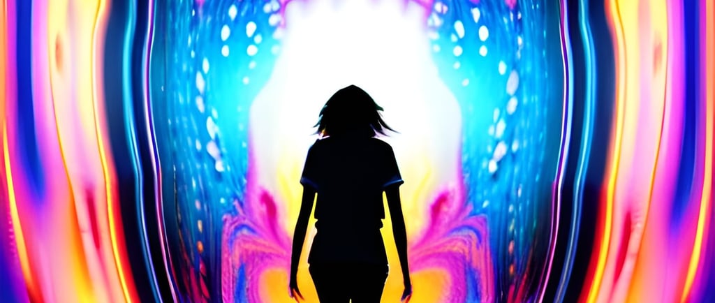 a woman walking into a tunnel with a rainbow light coming out of the tunnel
