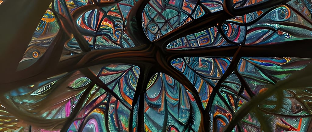 a painting of a tree with a colorful background