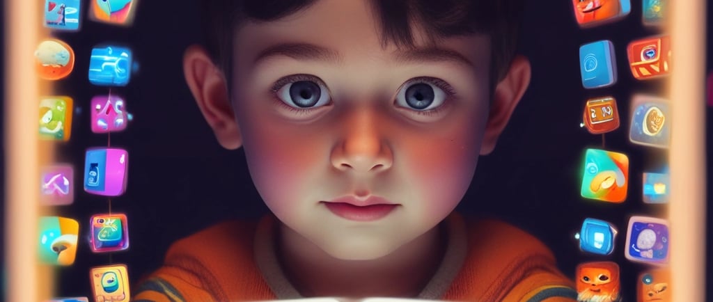 Niño con ojos grandes mirando una tableta iluminada, rodeado de iconos coloridos en un ambien