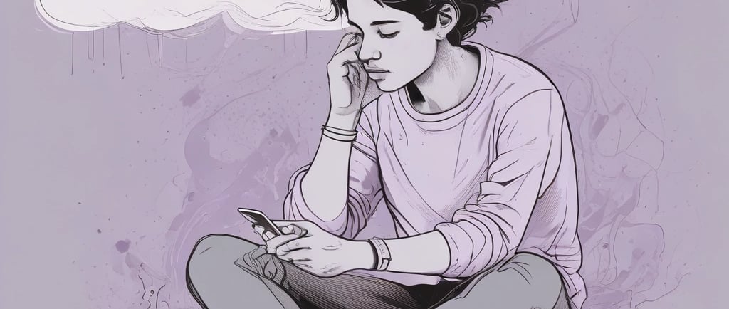 Ilustración de joven mirando el teléfono móvil con tono desinteresado y aburrido