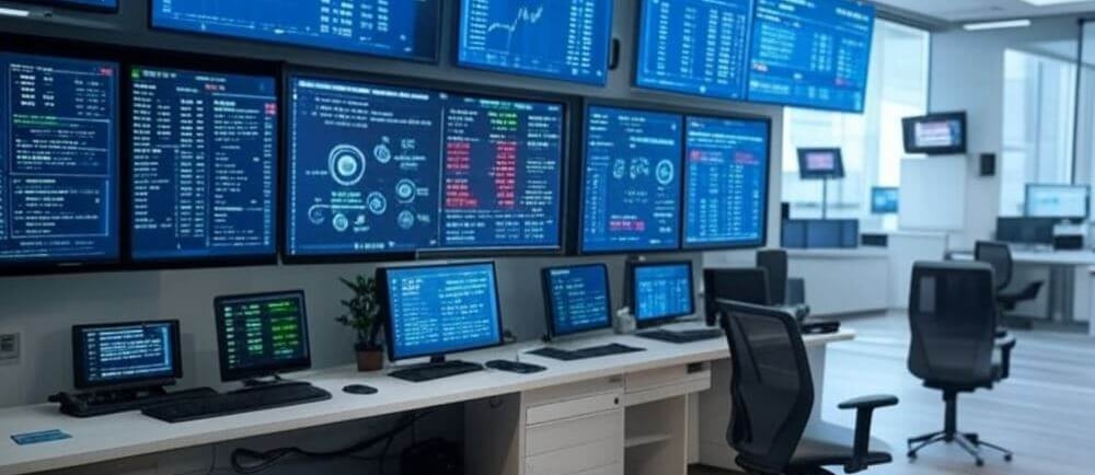a desk with multiple monitors and monitors on it