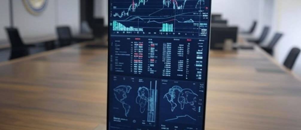 a laptop computer monitor screen with a monitor screen showing a chart of data and data