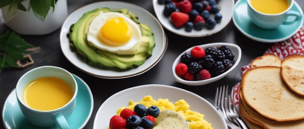 a table with breakfast foods and a vase of flowers