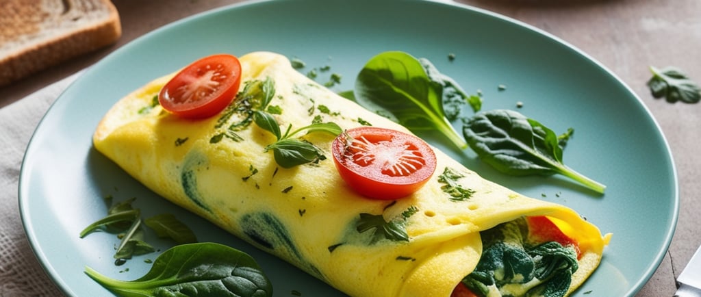 Inlustra um deliciosa omelete com espinafre e tomate