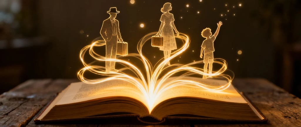 Open book with glowing character silhouettes, symbolic short stories, literary magic