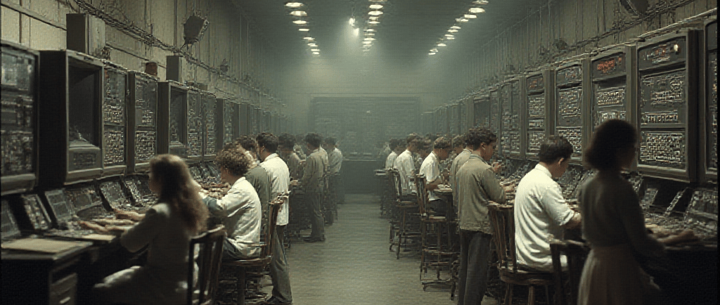 a group of people working on computers in a room
