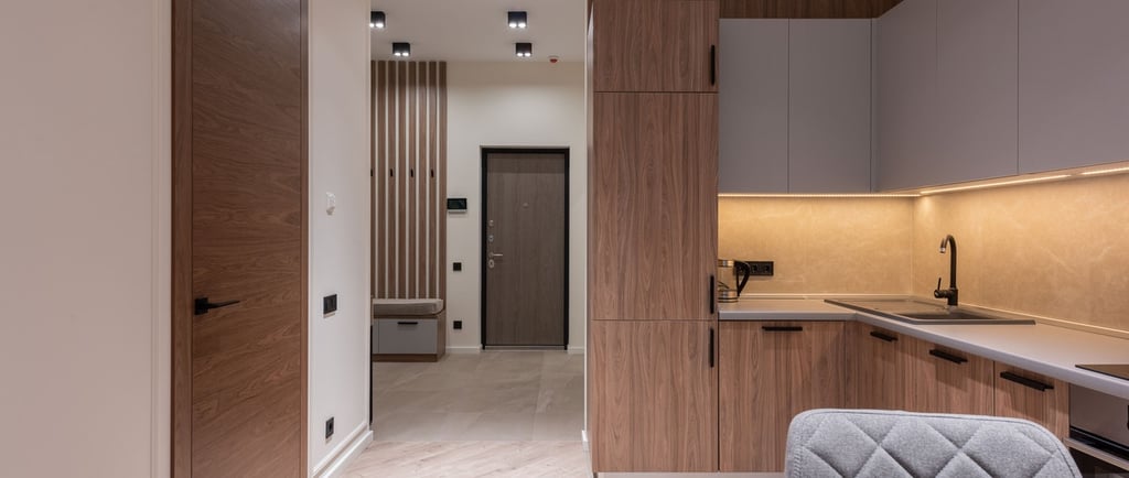 a kitchen with a chair and a chair