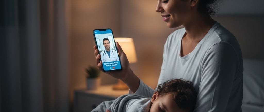 Mãe em Natal fazendo consulta de pediatria online para o filho pelo celular.