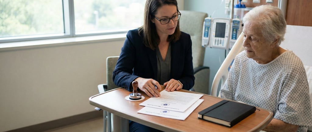 Mobile notary public notarizing documents at a hospital in Massachusetts