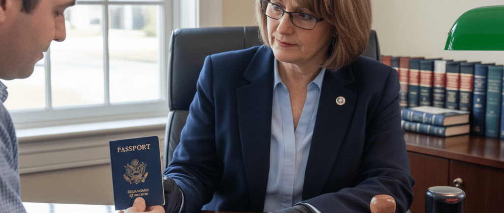 Notary public verifying identity and notarizing an important legal document