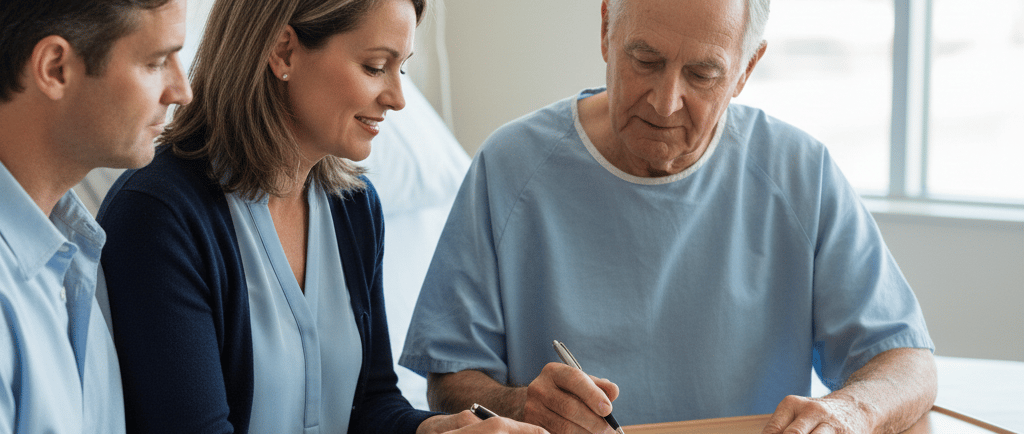 Mobile notary assisting an elderly person with a power of attorney signing