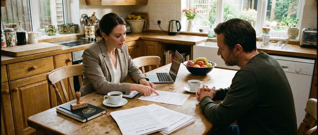 Mobile notary signing documents at a private home