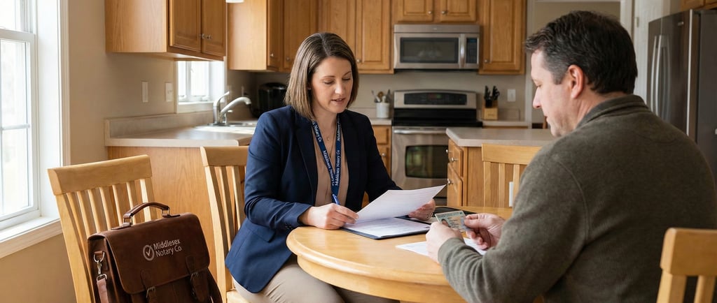 Mobile notary in Middlesex County Massachusetts notarizing documents for a client at home