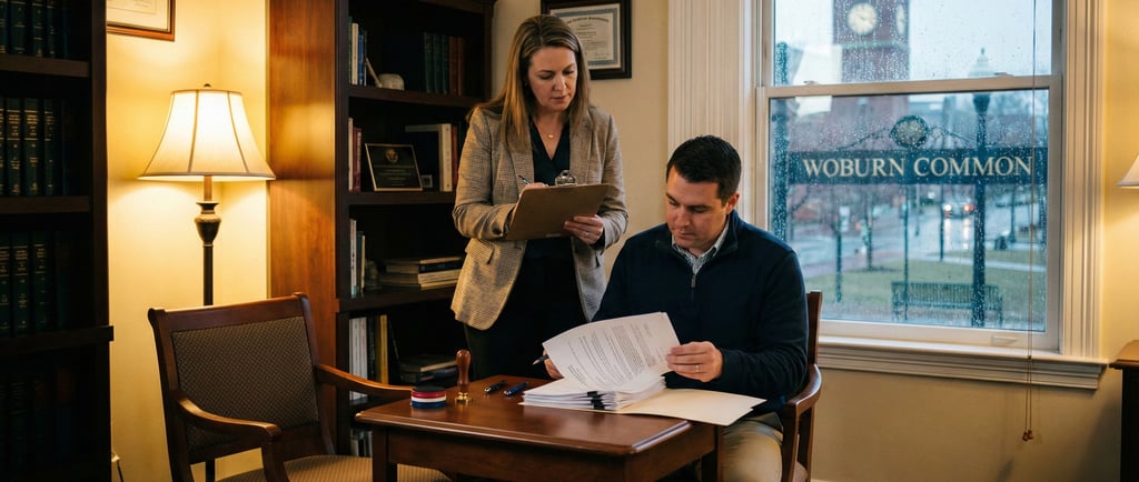 Mobile notary supervising a client signing documents during a late evening appointment in Woburn Mas