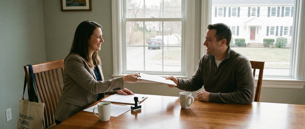 Mobile notary handing documents to a client in Woburn, Massachusetts during an in-home notarization.