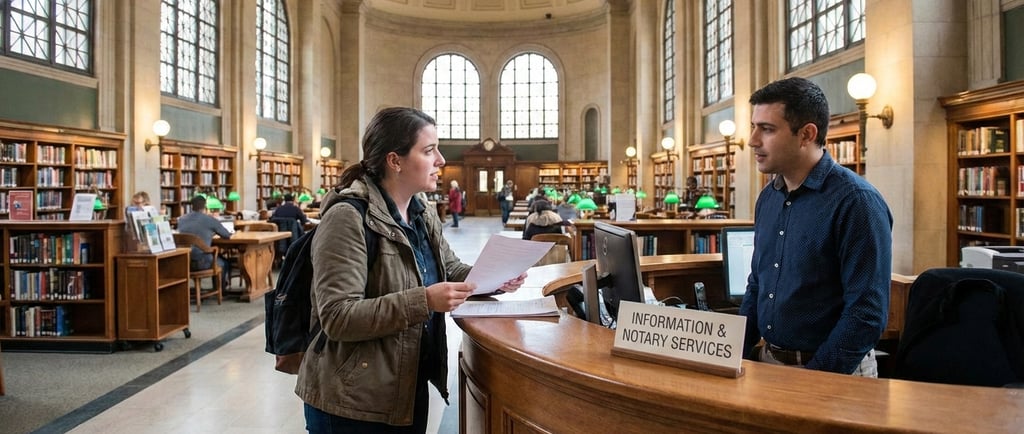 Librarian assisting a visitor with notary services at the Boston Public Library.