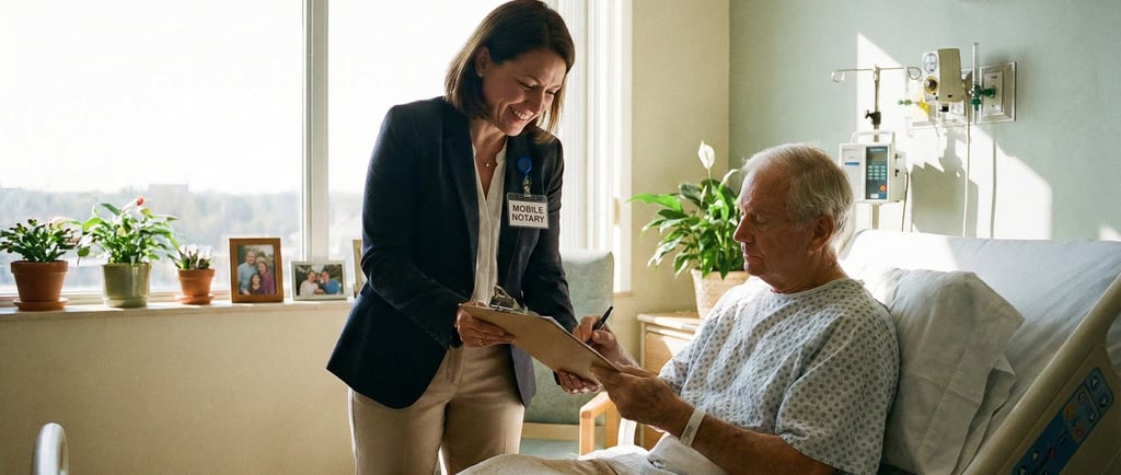 Mobile notary helping a patient sign legal documents in a hospital bed with family nearby.