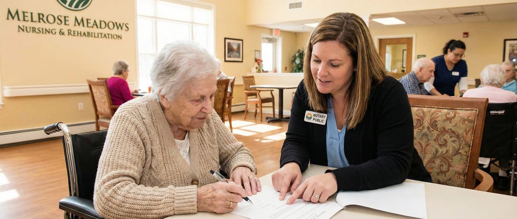 Notary assisting senior client at nursing facility in Melrose