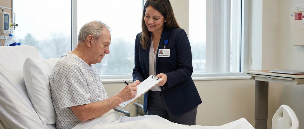 Mobile notary standing beside a hospital bed while a patient signs legal documents.