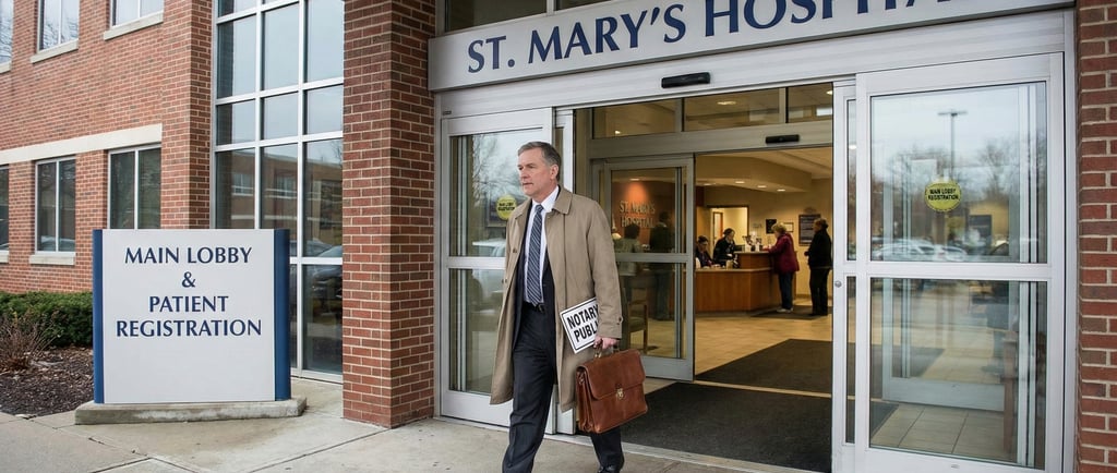 Notary walking into a hospital with a briefcase