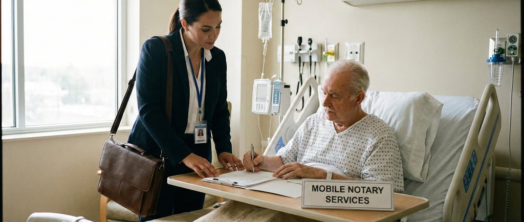 Mobile bedside notary helping a hospital patient sign a legal document at the bedside.