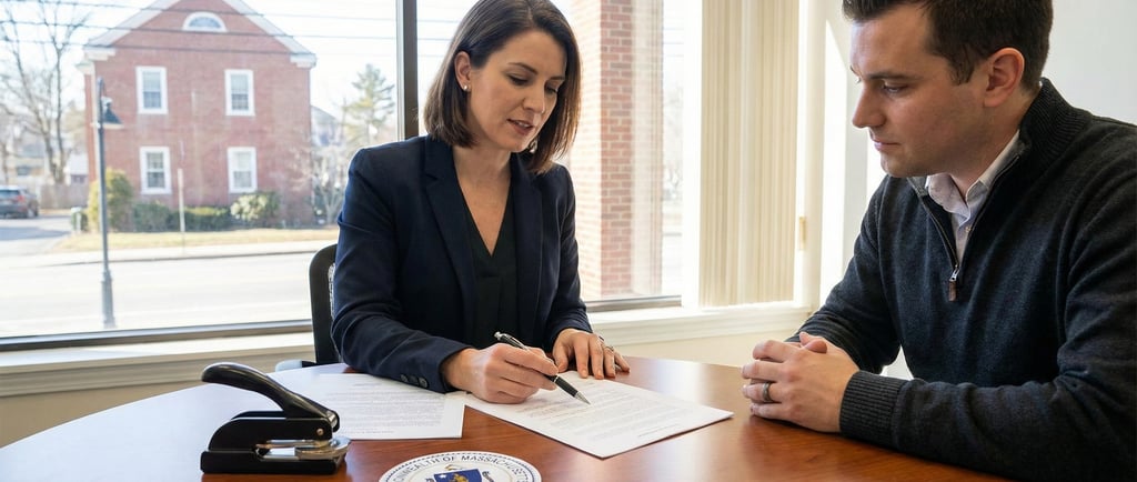 Mobile notary public in Woburn Massachusetts notarizing documents at an office table with official n