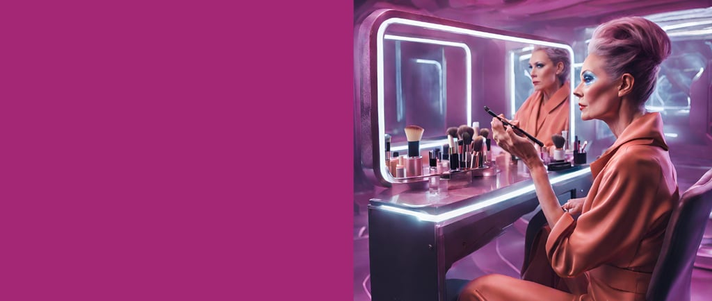fururistic woman sitting in front of a vanity and mirror applying makeup in a high tech environment