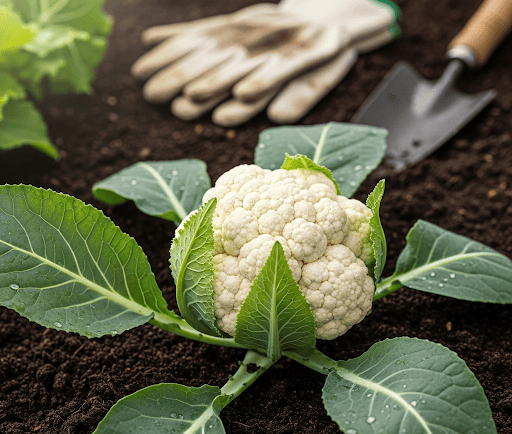 A vibrant, healthy cauliflower head with large green leaves, still growing in a bed of dark, rich so