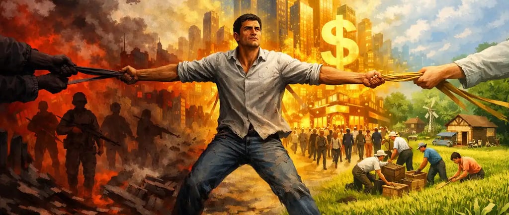 “एक प्रतीकात्मक चित्र जिसमें बीच में एक साधारण व्यक्ति खड़ा है, तीन दिशाओं में खिंचता हुआ। बाईं ओर य