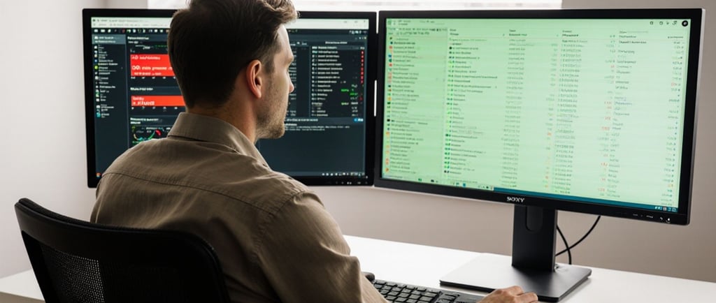 a calm analyst seated at a pristine white standing desk