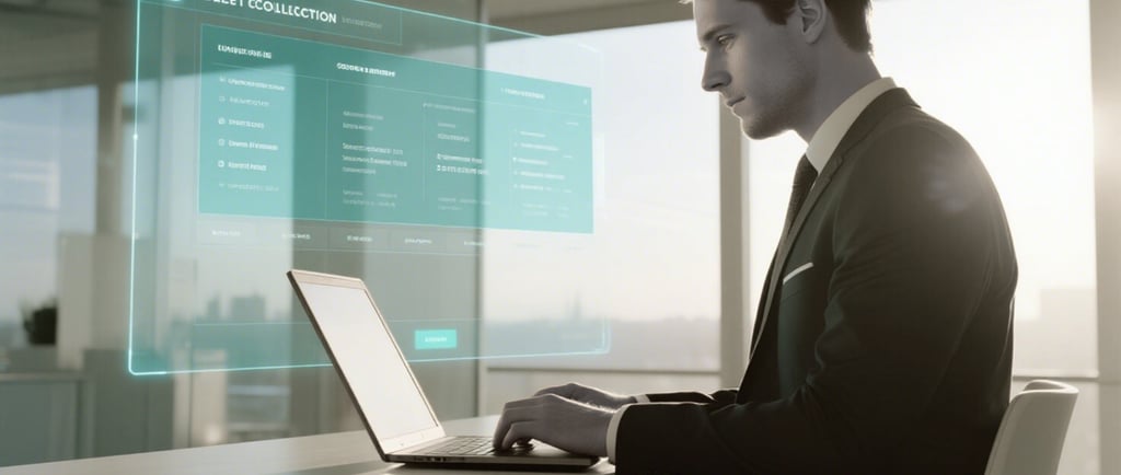 sharply dressed collections analyst in a minimalist glass-walled office
