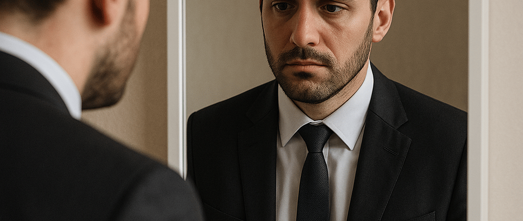 a man in a suit and tie is looking at himself in the mirror