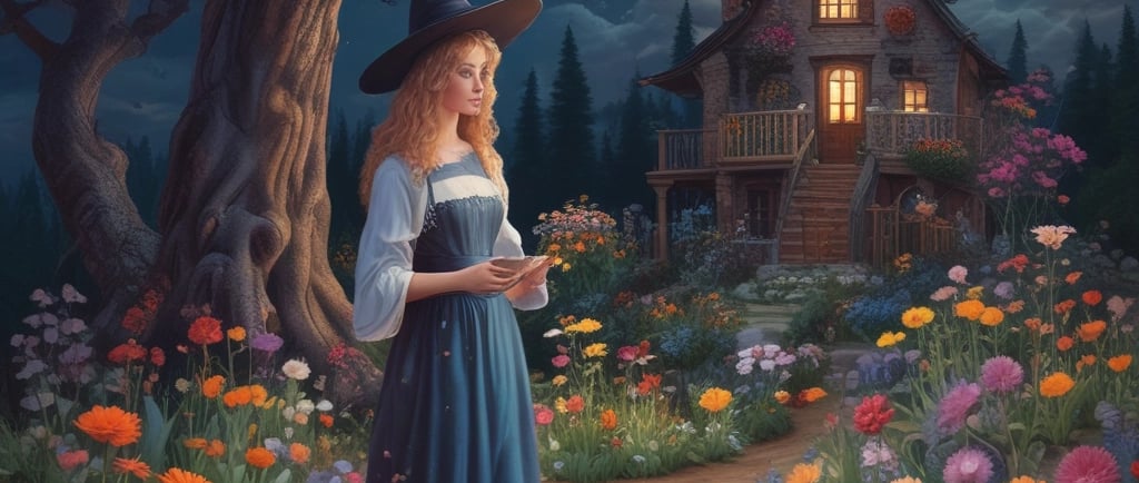 nightime as young woman is standing in flower garden
